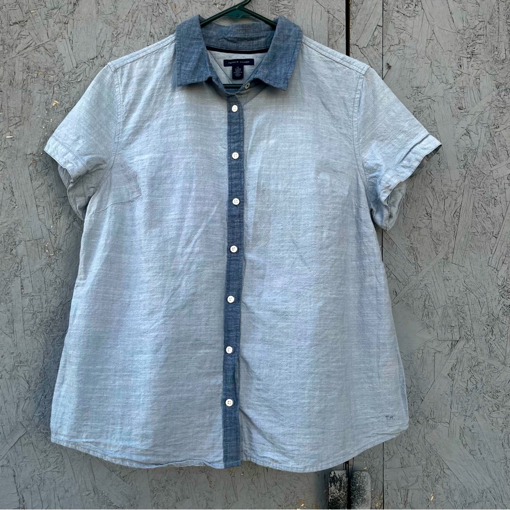 Tommy Hilfiger Shirt Blue Chambray Linen Blend Button up Casual Top Woman’s XL